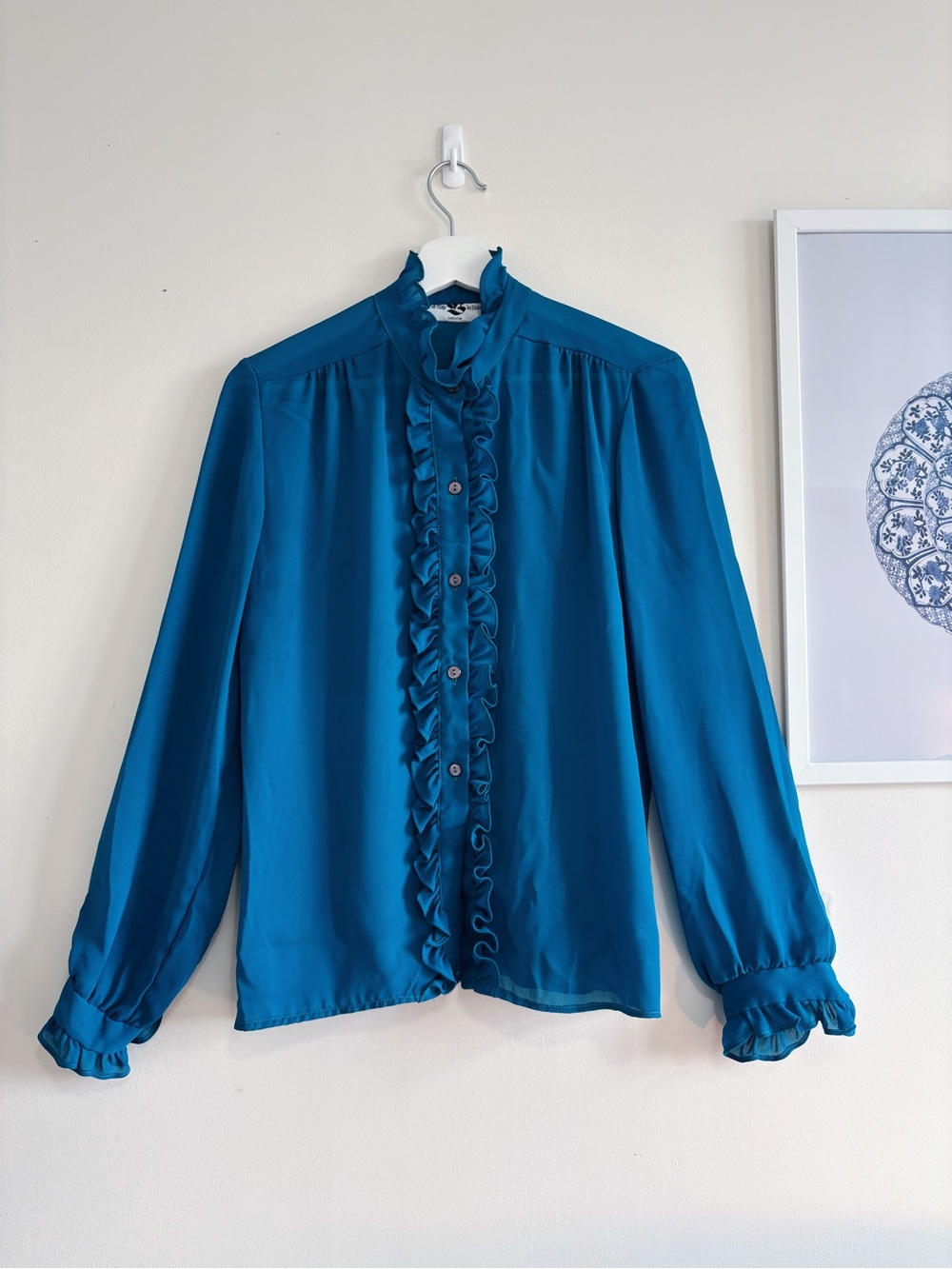 Vtg 70s/80s Hudson’s Bay Teal Blue Ruffle Collar Blouse - Fits Size M